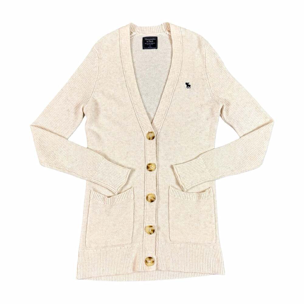 Abercrombie & Fitch Women’s Beige Cotton Knit V-Neck Button Cardigan Pockets S